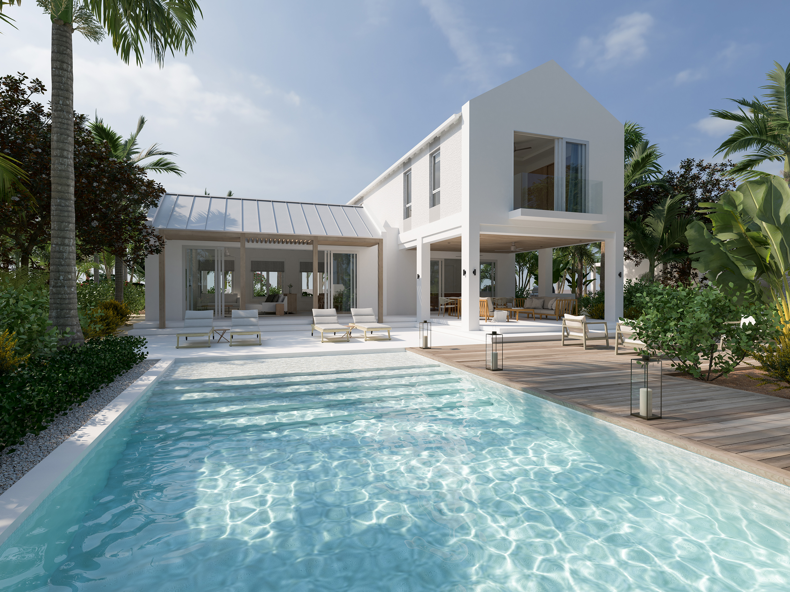 The rear elevation of the Turtle Cove Townhouses, viewed across the swimming pool