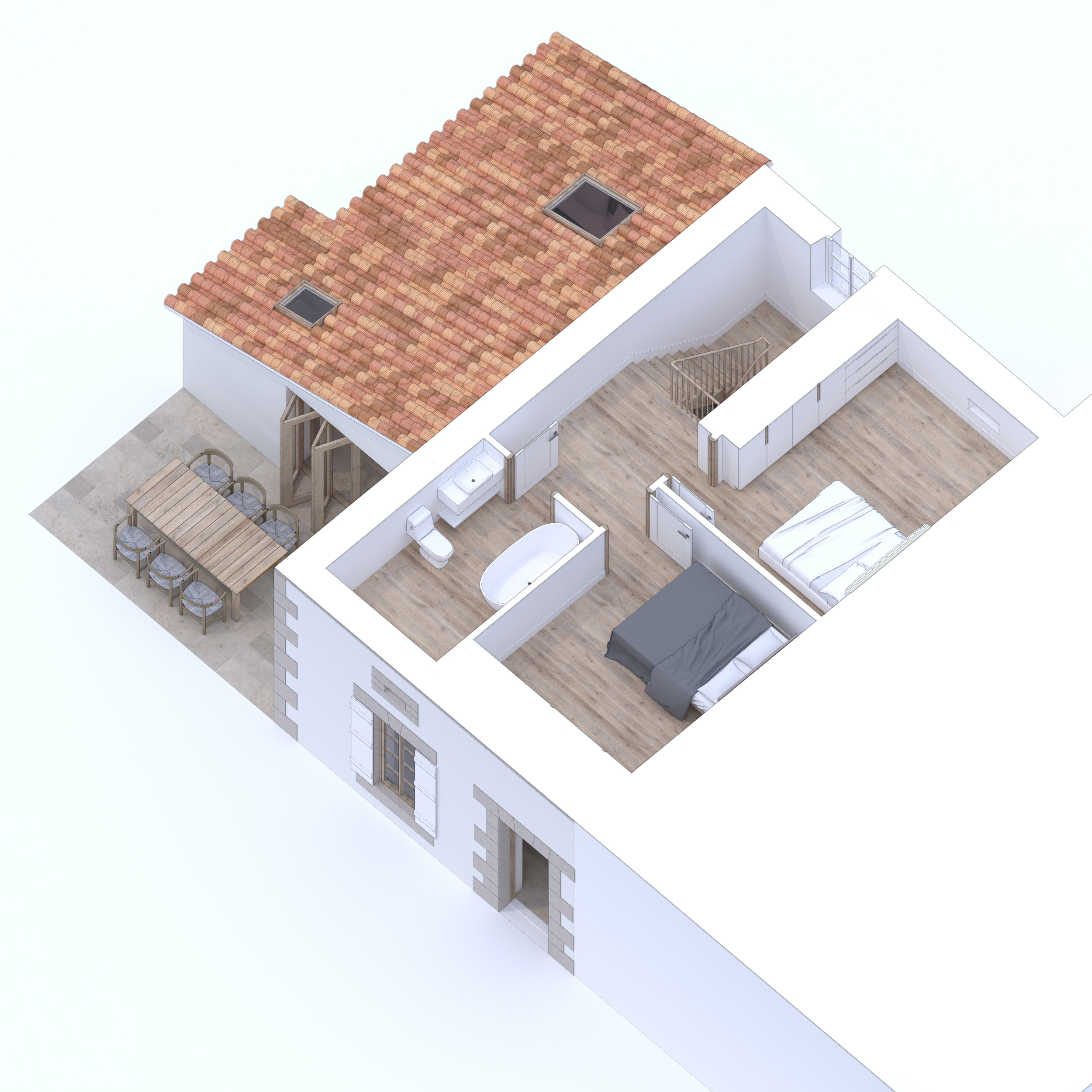 Isometric 3d render of the first floor to one of the gites