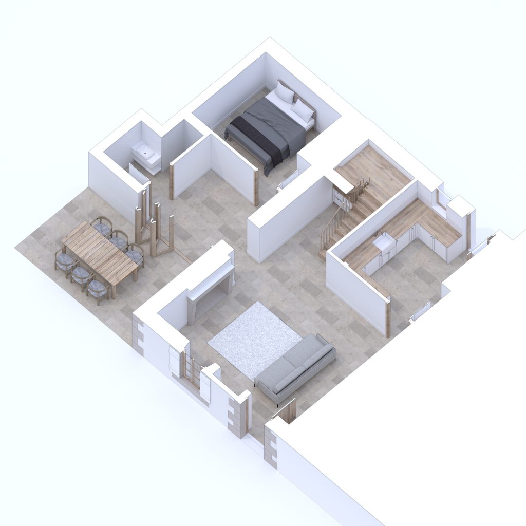 Isometric 3d render of the ground floor to one of the gites