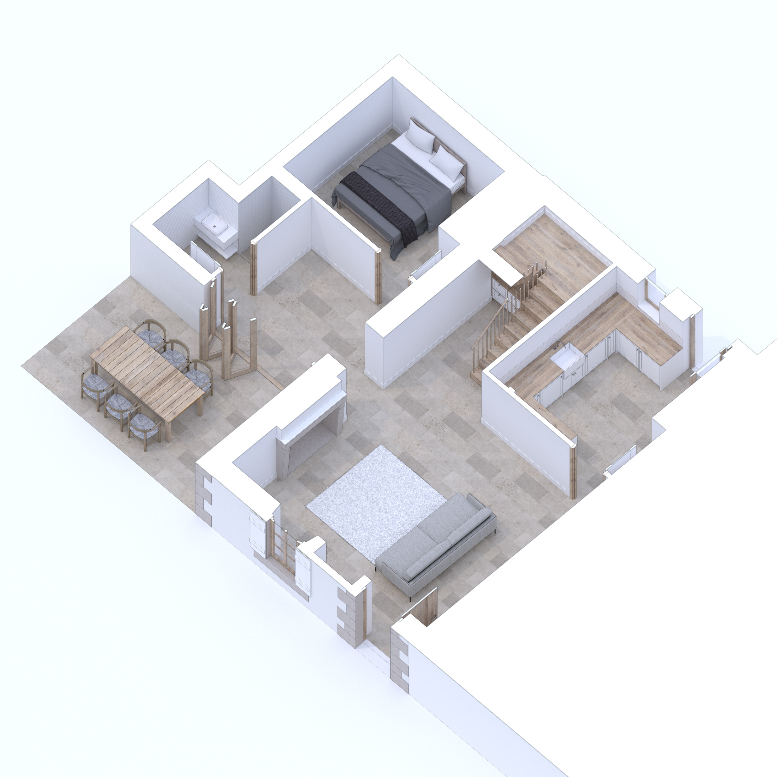 Isometric 3d render of the ground floor to one of the gites
