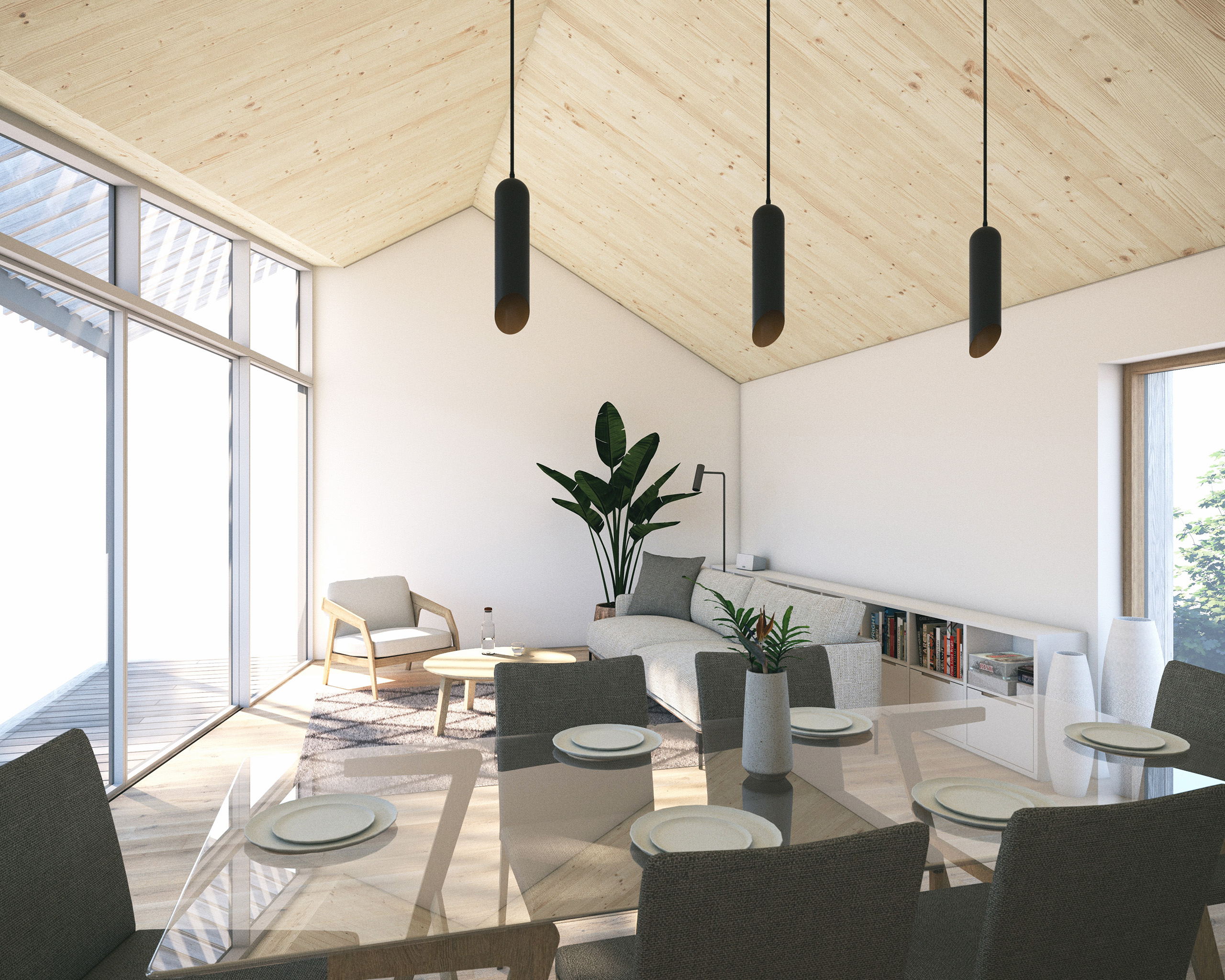 Internal 3d render overlooking the open plan dining and living areas