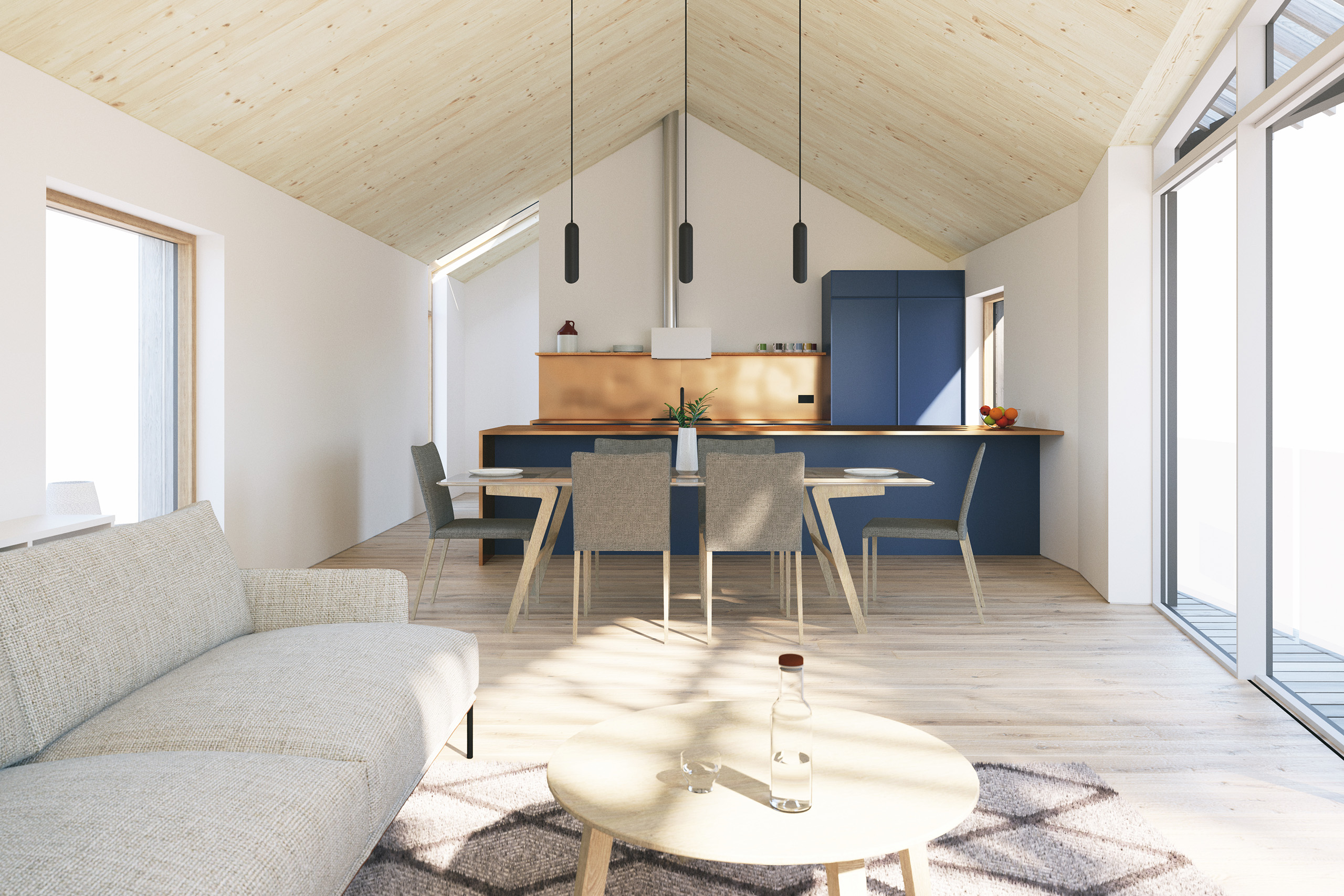 Internal 3d render looking back at the open plan dining and kitchen spaces