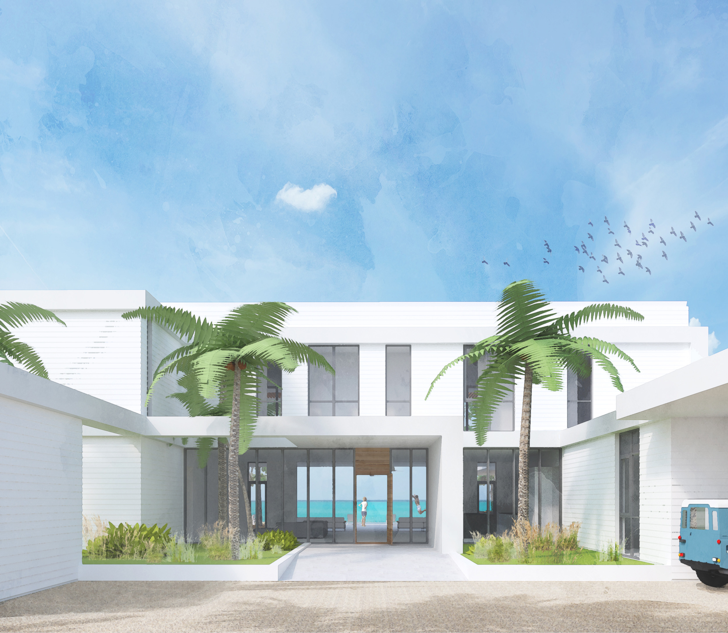 3d rendered view of the entrance, with a view through to the ocean
