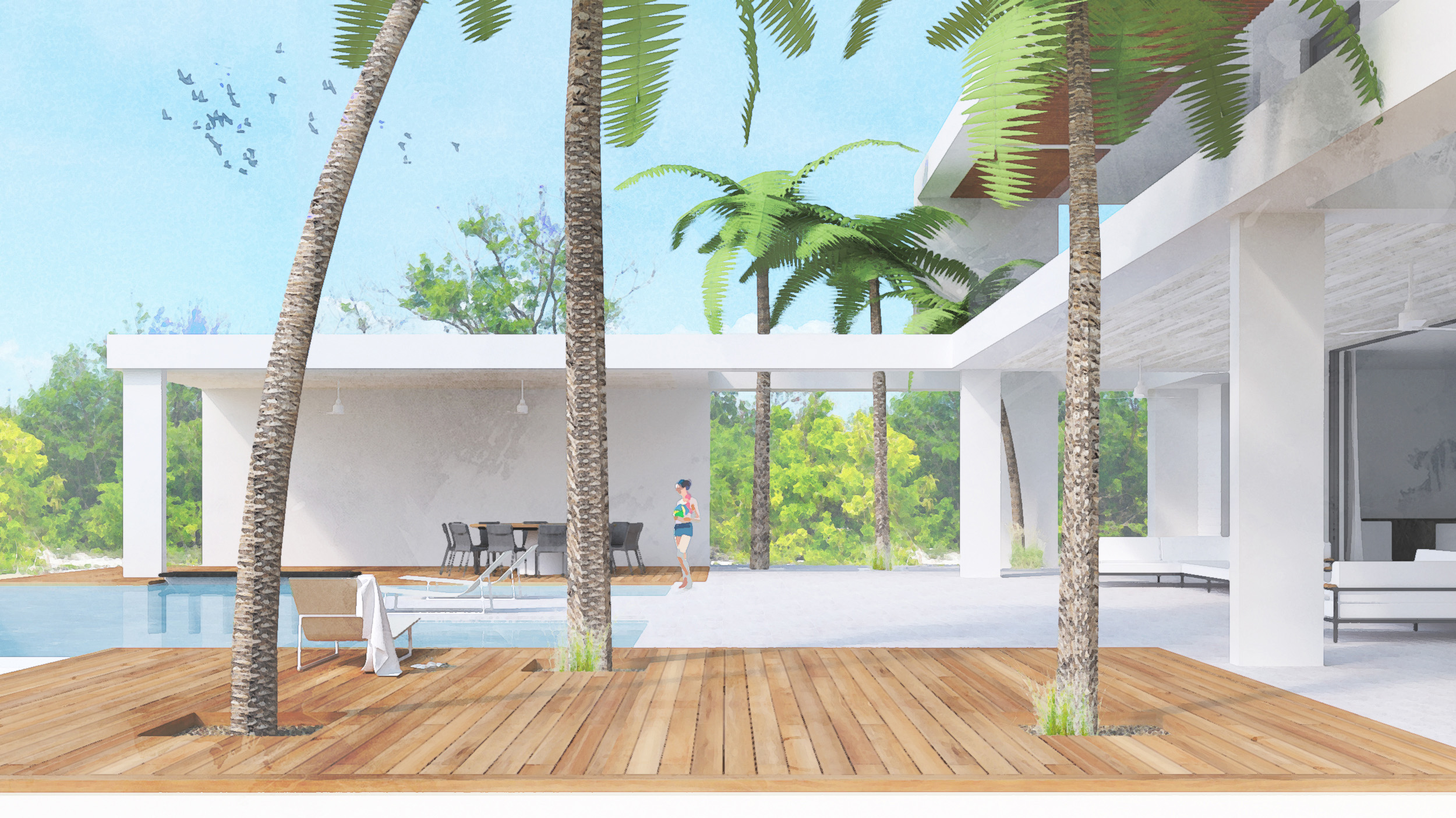 3d rendered view of the palm deck, with pool and shaded dining area beyond
