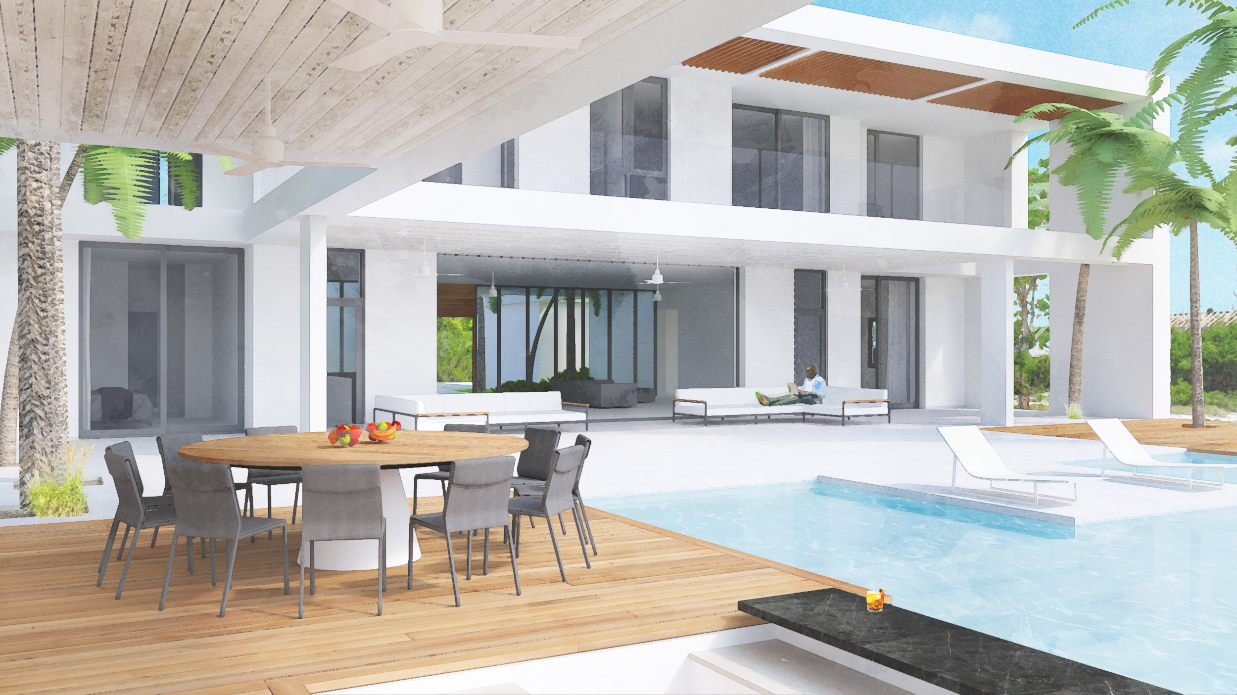 3d rendered view of the shaded dining area, looking back at the villa across the pool