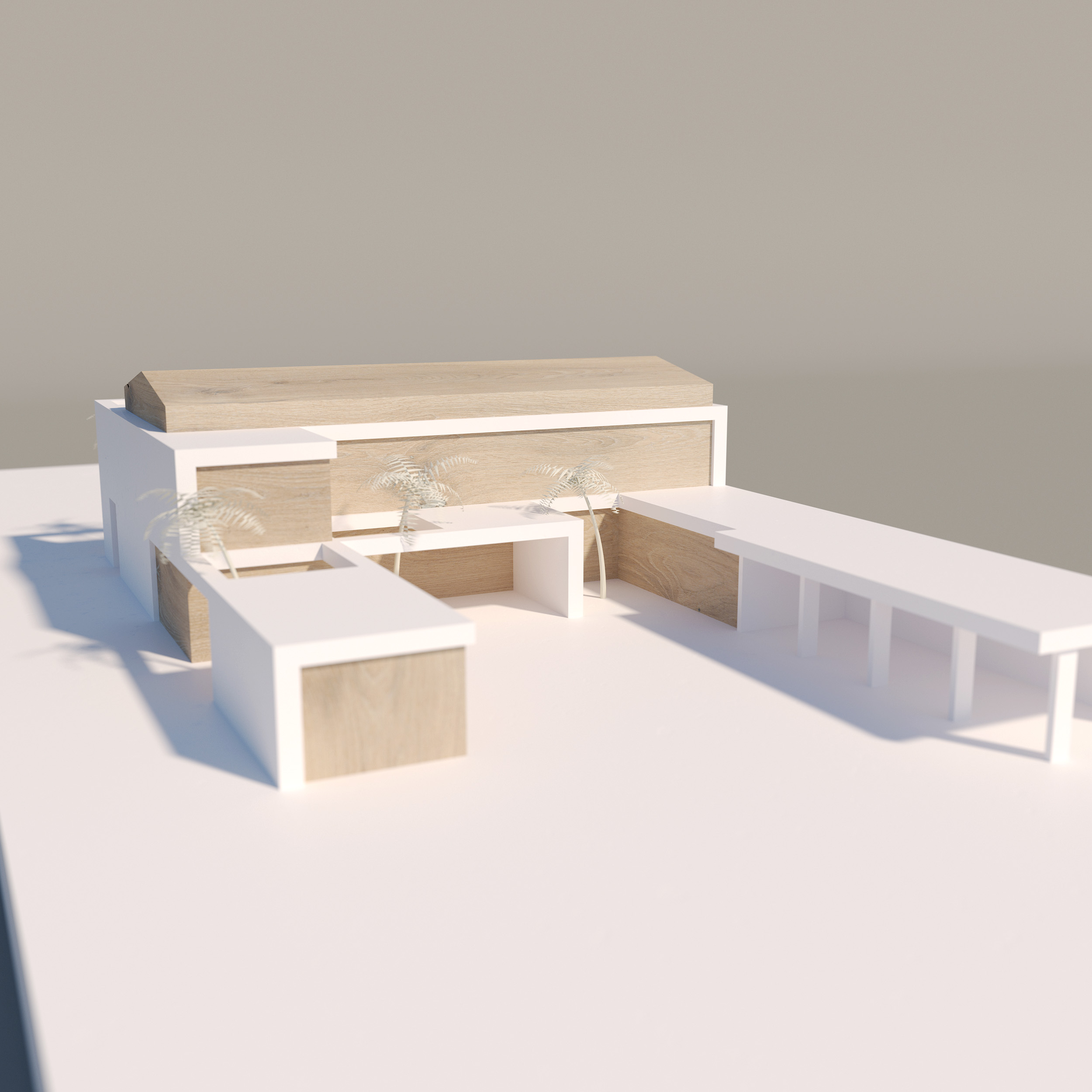 View of the concept model, showing the relation between timber-clad and masonry elements