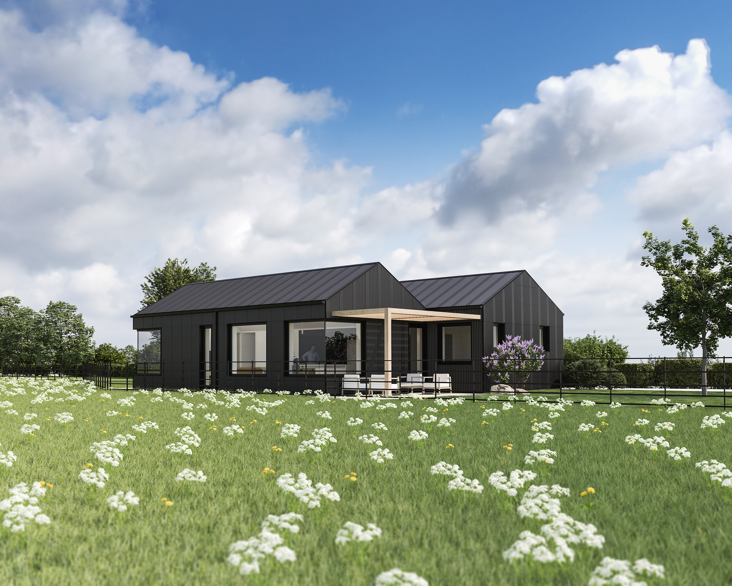 3d rendered view of the southern corner elevation of Firs Field