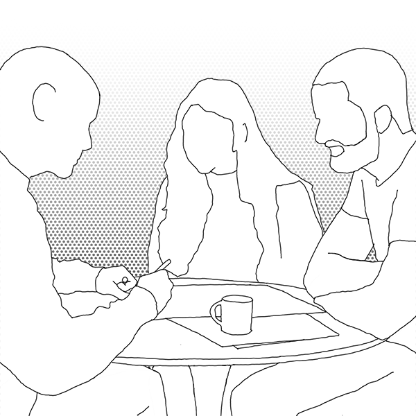 Stage 0: initial architect consultation meeting - three people discussing project plans around a table with site photographs and coffee