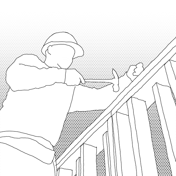 Stage 5: Architect conducting on-site inspection during construction - reviewing building work while wearing safety equipment and hard hat