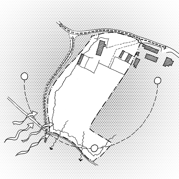 Stage 1: architectural site analysis drawing showing topography, existing buildings, access points, and site constraints with annotation markers