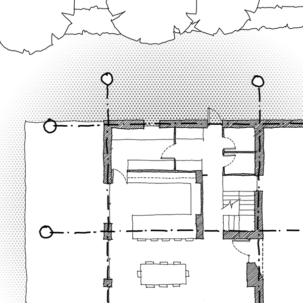 Stage 3: architectural floor plan showing room layouts, furniture arrangement, and spatial relationships with dimensional coordination markers