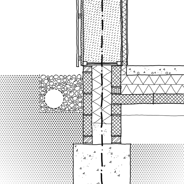 Stage 4: detailed construction section drawing showing wall build-up, insulation layers, foundations, and weatherproofing junctions for building regulations