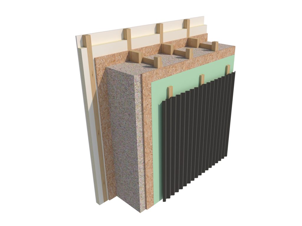3D cutaway diagram showing layers of a high-performance timber wall: internal lining, service zone, cellulose insulation between timber I-joists, sheathing board, and external cladding