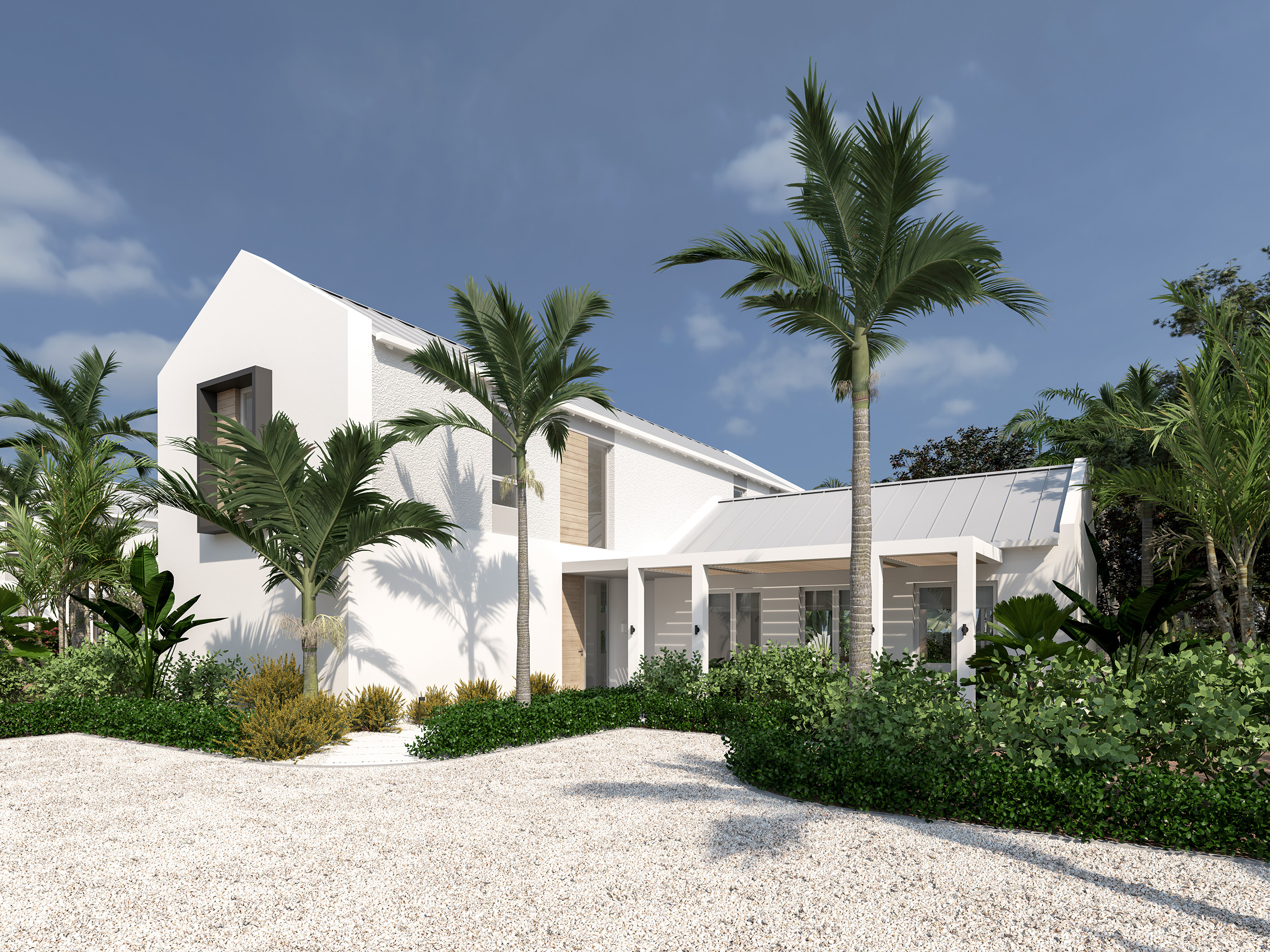 3d render of the entrance courtyard, with shaded colonnade beyond