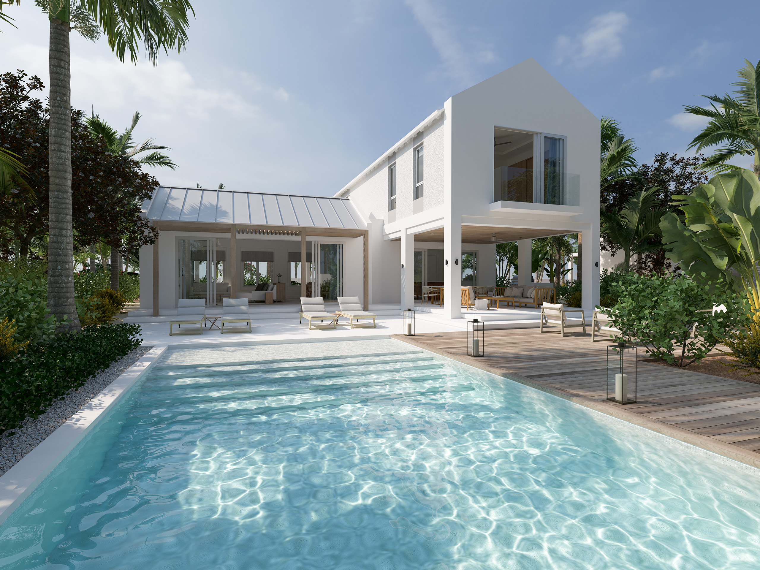 3d render of the pool terrace and covered outdoor living