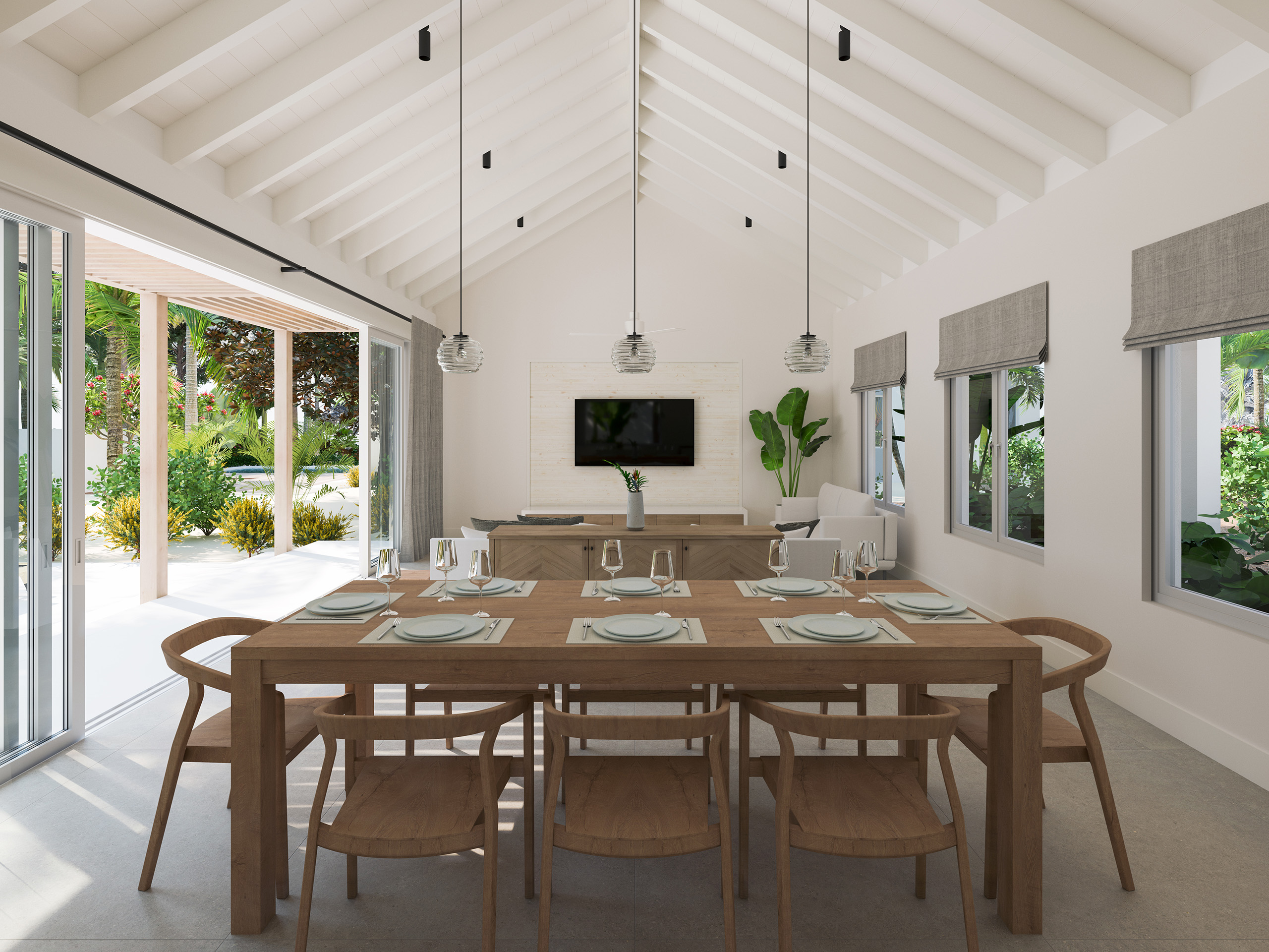 3d render of the living and dining area, showing a vaulted living space with exposed rafters