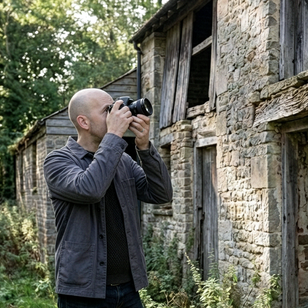 A picture of Matt on site, looking at the condition of an existing building. I'll be honest and say it's an AI-created image, as frankly I have a dearth of pictures of me on site and doing architect-y things.
