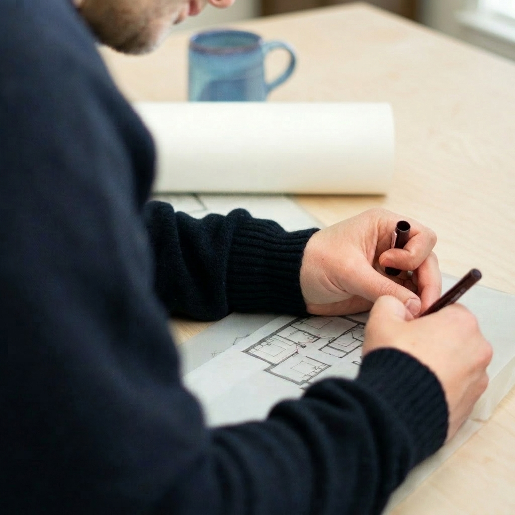 Architect sketching a floor plan by hand at a desk, with a coffee cup in the background