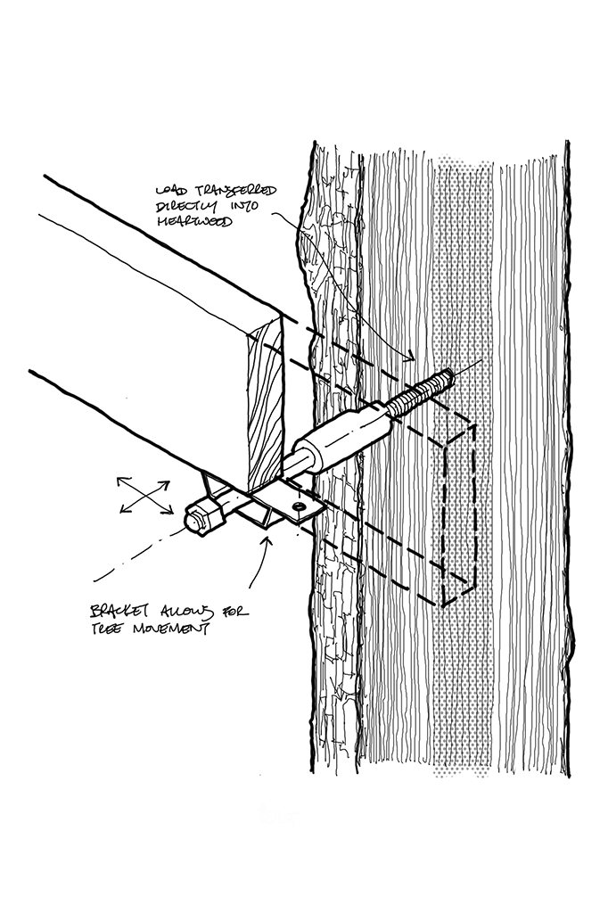 A hand-drawn sketch diagram of how a treehouse attachment bolt works