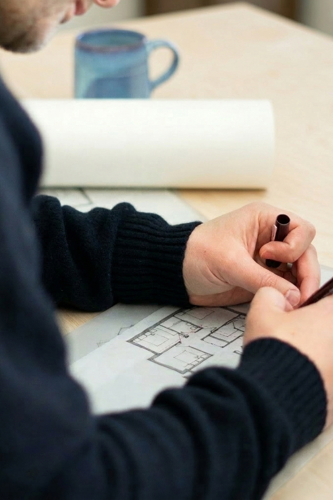 A photograph of Matt sketching a layout