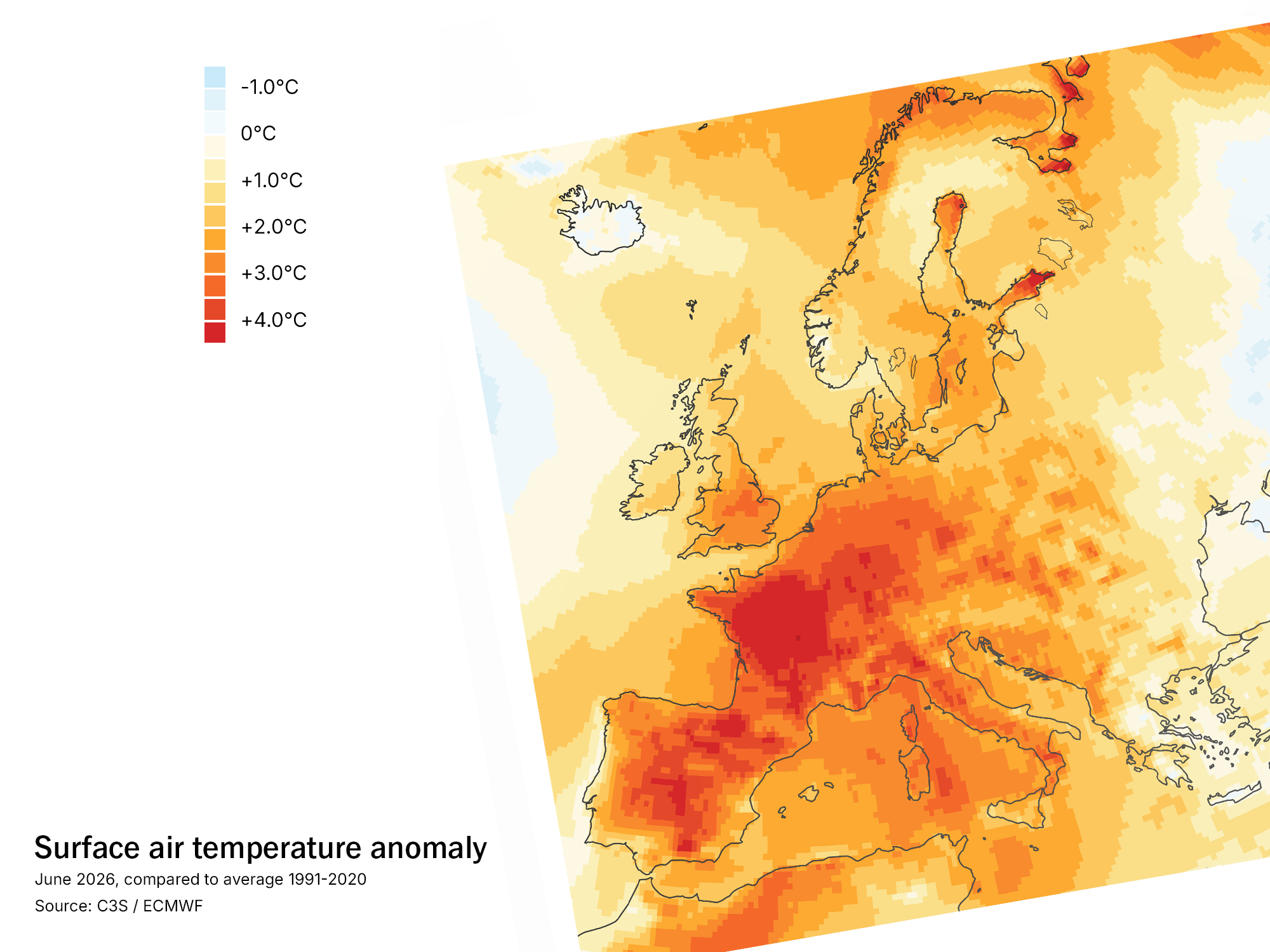 A map of the temperature variation from average across Europe in June 2026.

Source: C3S / ECMWF