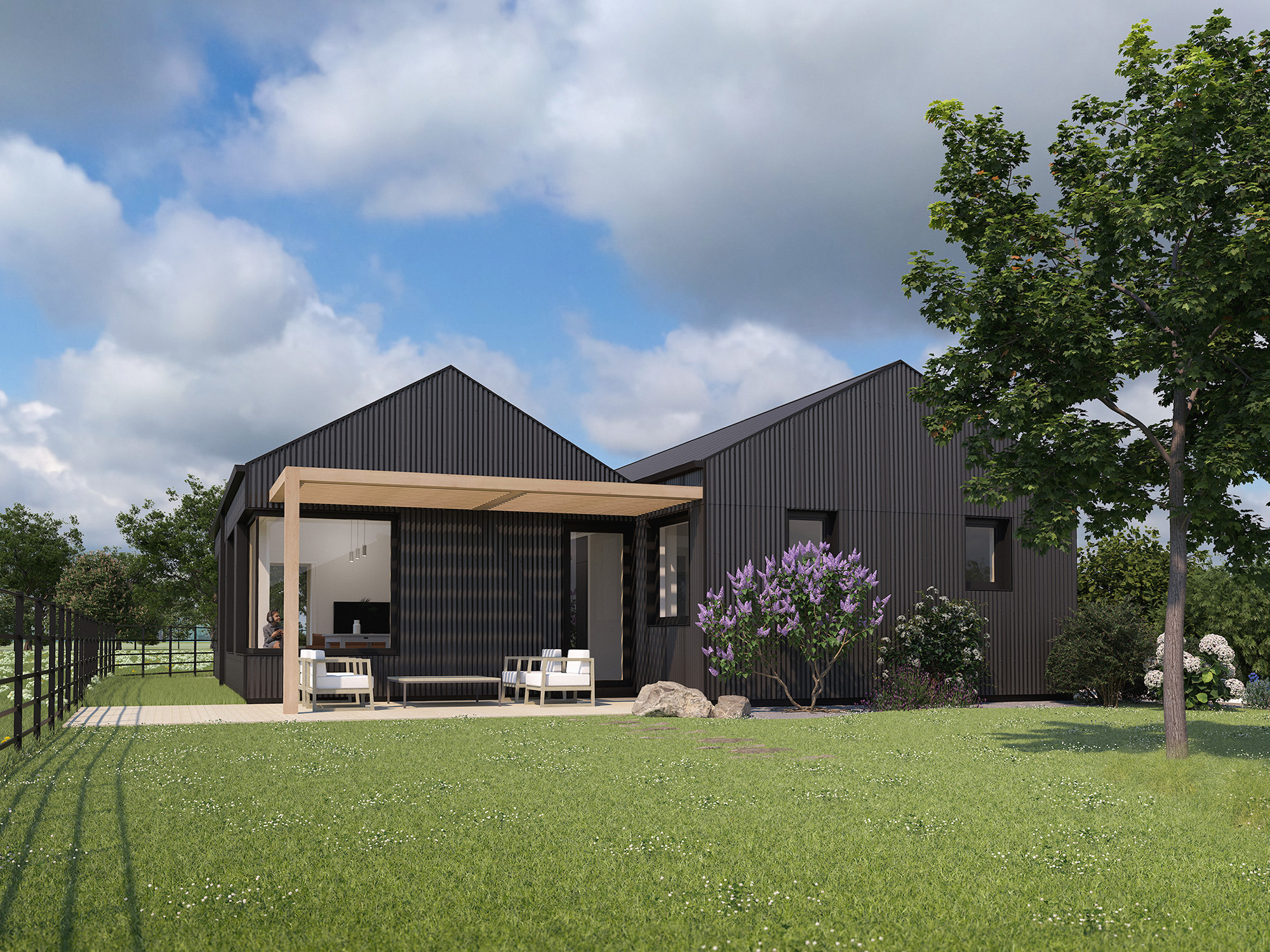 A 3d render of the Firs Field project, looking at the proposed shading pergola to the south corner.